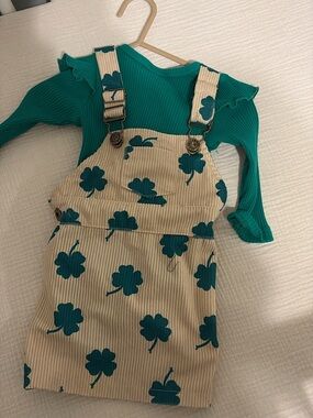 St Patrick’s Day Corduroy Clover Overall Dress with greem Ribbed Top